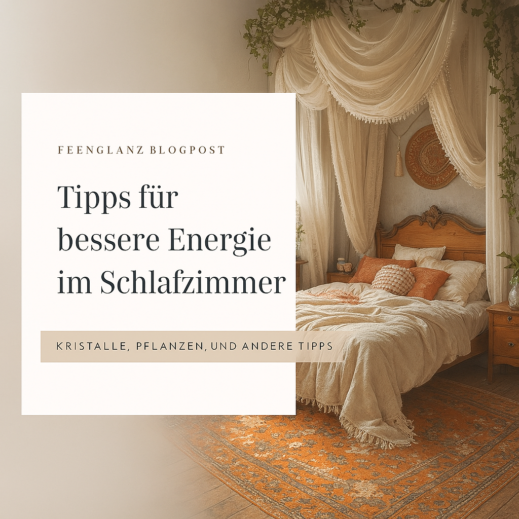 Magisches Schlafzimmer mit Himmelbett, Kristallen und Naturmaterialien – Tipps für bessere Energie und erholsamen Schlaf.