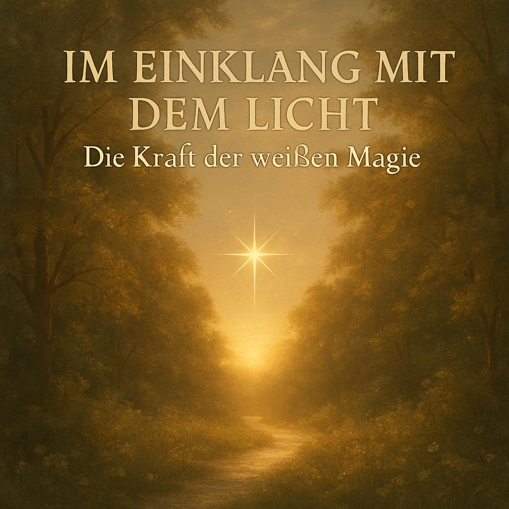 Magischer Waldweg im goldenen Morgenlicht mit leuchtendem Lichtstern am Horizont. Der Titel ‚Im Einklang mit dem Licht – Die Kraft der weißen Magie‘ erscheint in goldener Serifenschrift über der Szene.