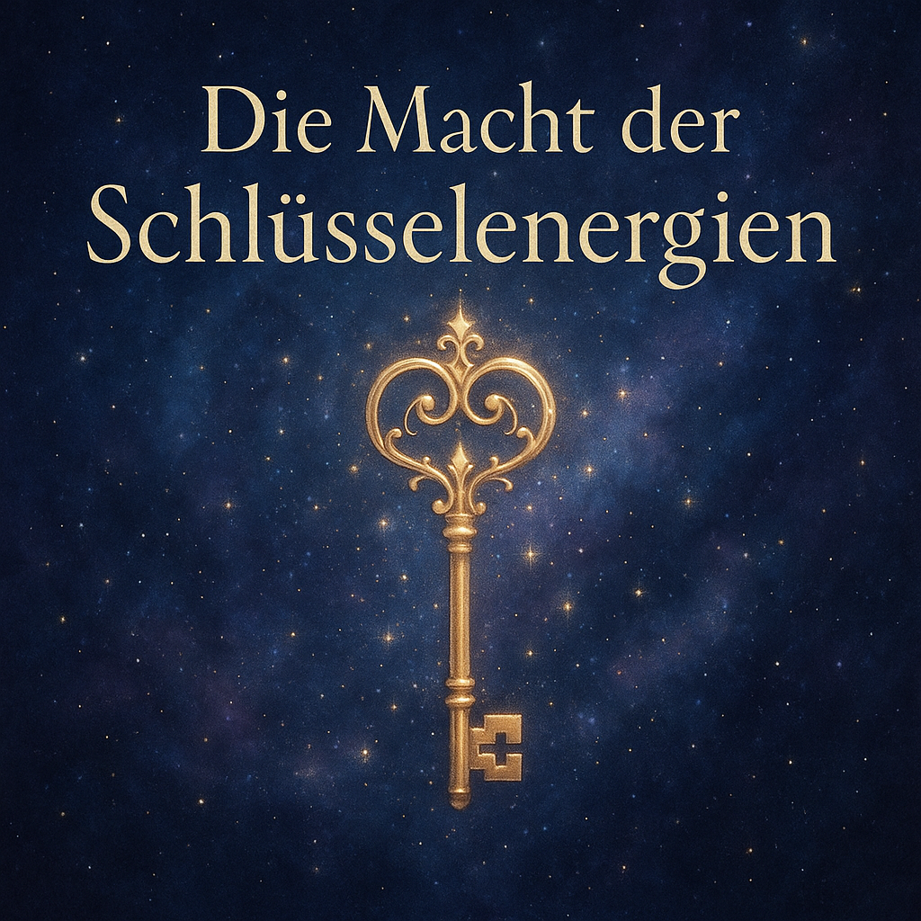 Schlüsselenergien Symbolbild: Goldener, verschnörkelter Schlüssel vor mystischem Sternenhimmel mit Galaxie – Schriftzug ‚Die Macht der Schlüsselenergien‘ im feenhaften Stil.“