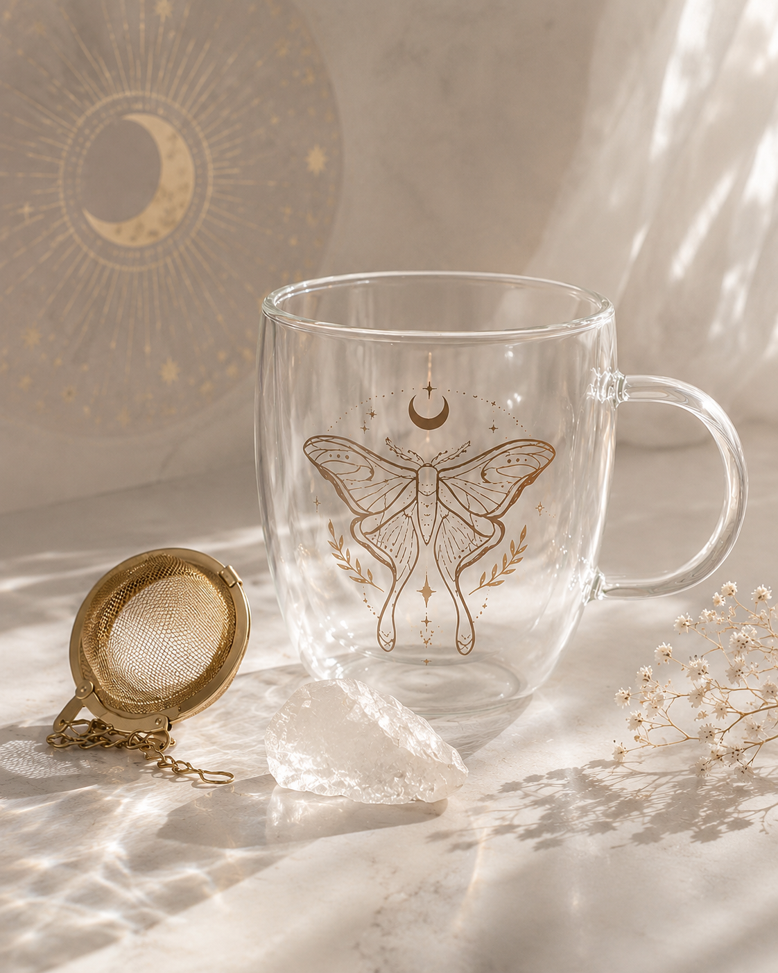 Mondfalter Glastasse mit Kristall-Teesieb